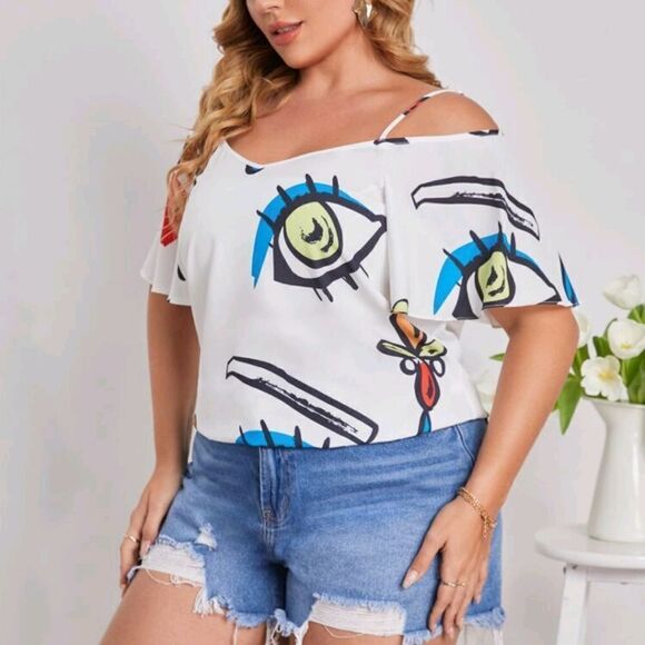 Stylish White Graphic Print Top OX - Picture 5 of 5